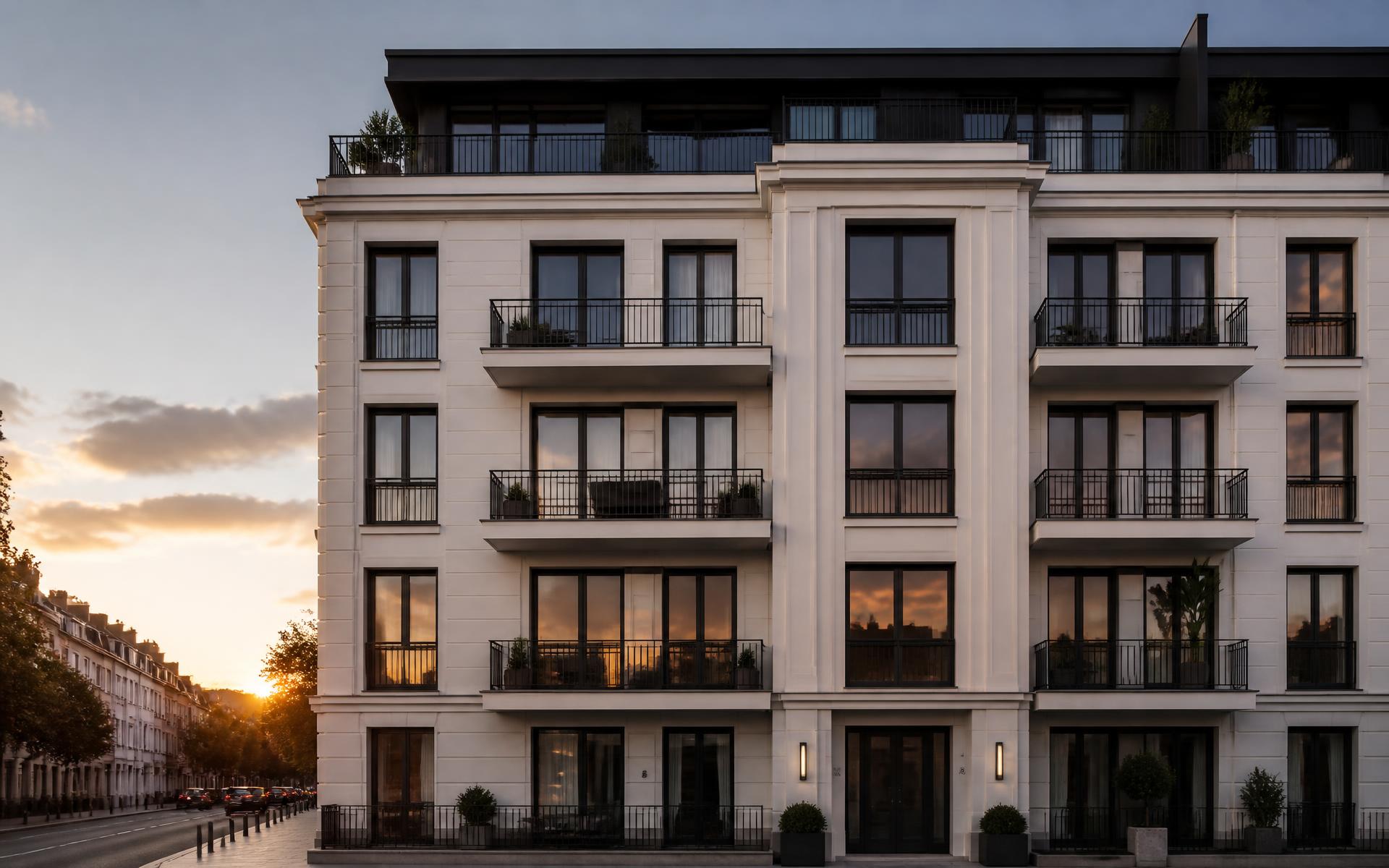 Elegant appartementsgebouw in Brussel bij zonsondergang